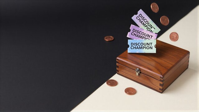 Discount tickets and coins tumble from a wooden box, symbolizing savings.