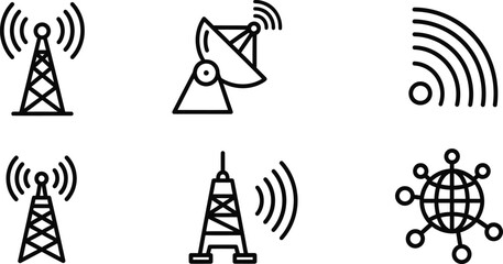 Fototapeta premium Telecommunications and global network connectivity line art icon set
