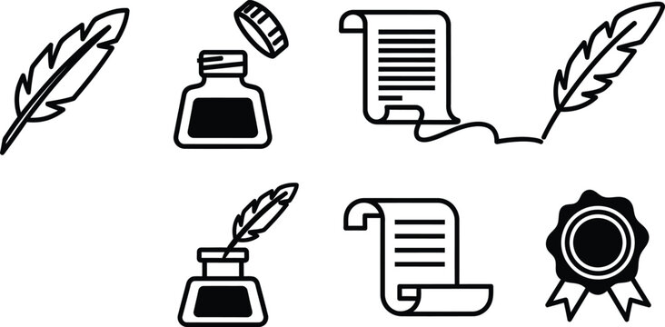 Legal document and notary office stationery line art icon set