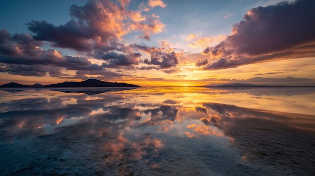 ウユニ塩湖の水鏡に浮かぶ山影と黄金色に染まる夕暮れの空の絶景風景写真