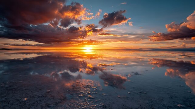 青空とオレンジ色の雲が広がるウユニ塩湖の水鏡に輝く夕日の絶景パノラマ