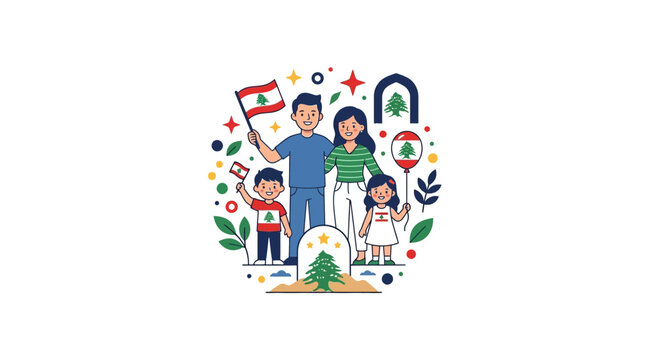 Happy Family Waving Lebanese Flags Celebrating National Pride