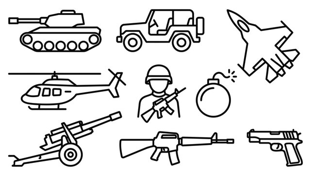Comprehensive collection of minimalist thin line military icons featuring armored vehicles, strategic equipment, army transport, warfare symbols, and soldier weaponry graphic elements.