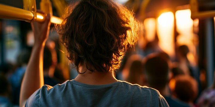 Rear view of a man with curly hair holding a yellow handrail inside a crowded bus during sunset, concept for public transit, urban commuting and daily transportation