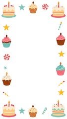 Fototapeta premium Birthday frame border decorated with sweet cupcakes and candies 