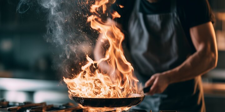 chef cooking with high flames in a frying pan inside a professional kitchen restaurant, concept for culinary advertising, restaurant promotion and gastronomy marketing