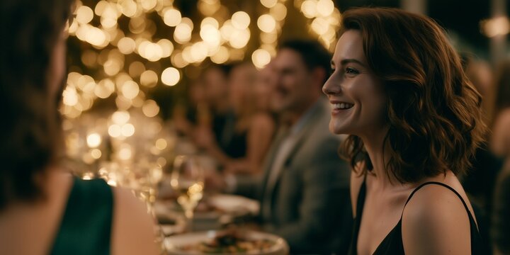 Happy young woman smiling during an elegant dinner party with friends at night against glowing bokeh lights background, concept for celebration event, luxury dining and social gathering