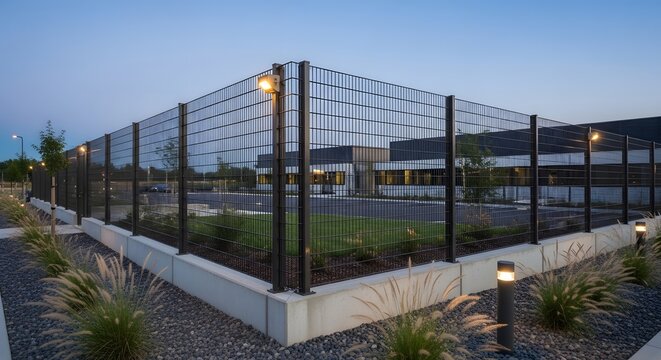 Modern industrial warehouse building exterior at dusk with perimeter security fencing and landscape lighting.
