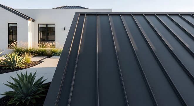 Modern residential house exterior featuring a sleek dark metal standing seam roof and minimalist landscaping.