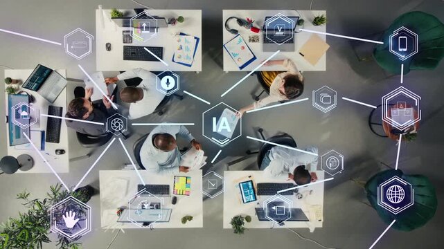 Office coworkers solve business tasks with artificial intelligence and HUD data overlays, improving digital ecosystem operations in a top down workplace.