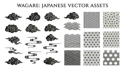 Obraz premium Traditional Japanese Vector Clouds and Mist Pattern Set. Minimalist Oriental Decorative Elements Isolated on White Background. Wide Aspect Ratio Elegant Flat Graphic Design Illustration.