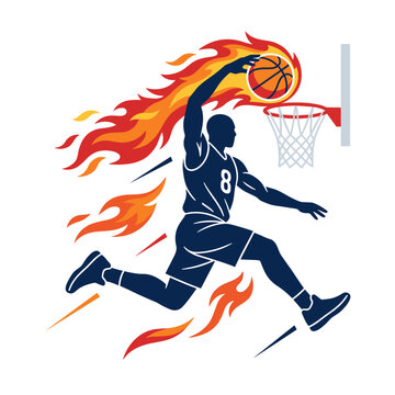 Basketball Dunk on Fire: An athletic silhouette of a basketball player performing a dynamic dunk, with flames erupting around the ball and the player, symbolizing passion and intensity on the court.