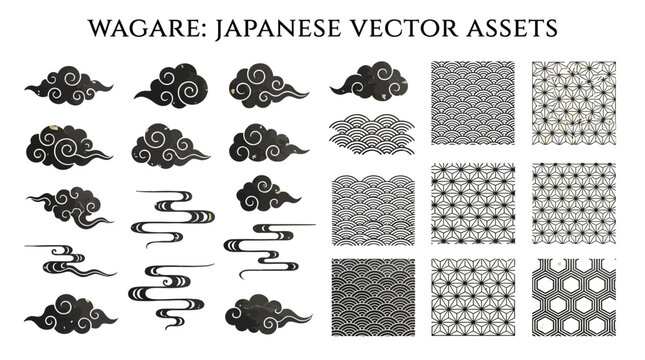 Traditional Japanese Vector Clouds and Mist Pattern Set. Minimalist Oriental Decorative Elements Isolated on White Background. Wide Aspect Ratio Elegant Flat Graphic Design Illustration.