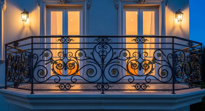Elegant wrought iron balcony railing with decorative patterns on a luxury house facade at dusk.
