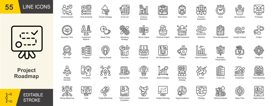 Project Roadmap line editable icon set. Containing growth strategy, time management, milestone, target, budgeting, marketing strategy, and more. Editable stroke. Vector illustration