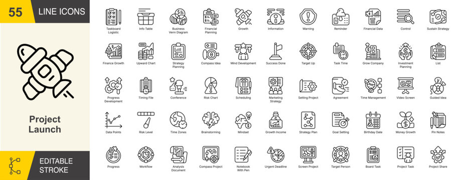 Project Launch line editable icon set. Containing rocket, taskboard logistic, financial planning, growth, strategy planning, brainstorming, and more. Editable stroke. Vector illustration