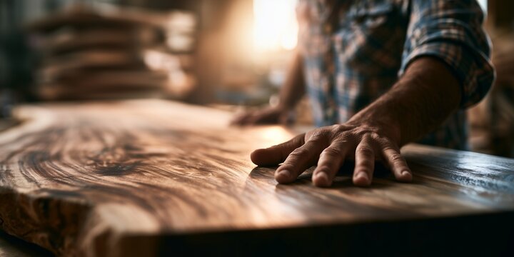 Carpenter's hands touching beautiful raw texture of live edge wood slab in workshop, concept for carpentry craftsmanship, custom furniture design and woodworking business