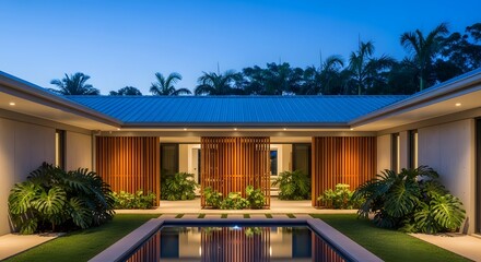Fototapeta premium Modern luxury villa courtyard with swimming pool and tropical landscaping at twilight.