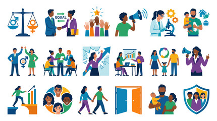 Fototapeta premium Diverse people equality vector icons, flat style, diverse industry teamwork concepts
