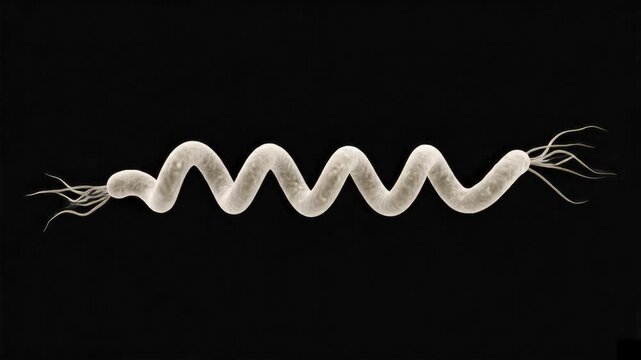 A detailed 3D rendering of a spiral-shaped spirochete or spirillum bacterium cell moving against a solid black background. Excellent for microbiology science lessons and medical animations of bacteria