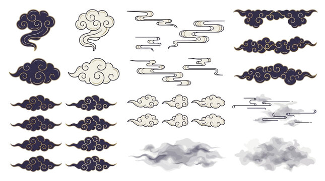 Traditional Japanese cloud and mist vector pattern set featuring minimalist oriental wavy atmospheric elements isolated on white background in wide panorama format for graphic design projects.
