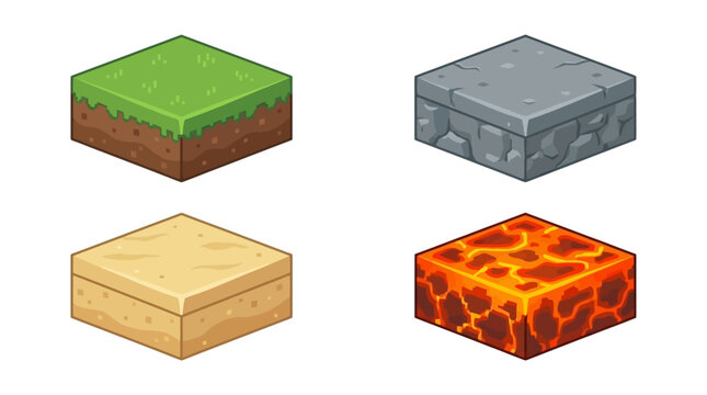 Cartoon game terrain platform tiles featuring diverse environmental textures including green grass, gray stone, golden sand, and molten lava, isolated elements for video game design assets.