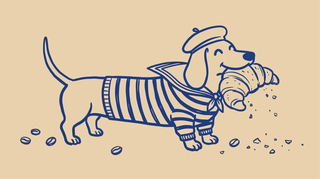 Adorable French dachshund dog wearing a classic black and white striped nautical sweater enjoying a delicious buttery croissant pastry, stylish canine vector illustration on plain background.