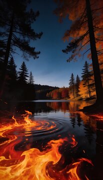 Surreal Burning Fire on Water Surface in Autumn Forest Lake at Twilight