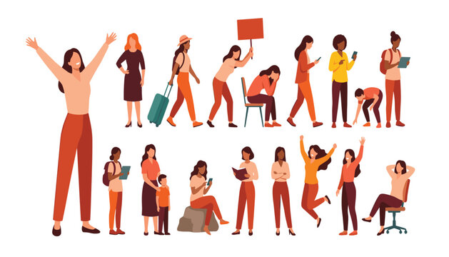 Diverse women character set in different poses walking jumping working crying flat vector cartoon illustration