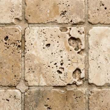 High-angle view of textured natural travertine stone floor tiles with porous surface details and grout lines