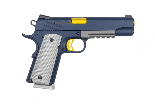 Custom Navy Blue and Gold 1911 Pistol with Silver Grips and Accessory Rail