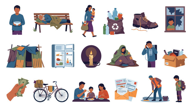 Flat Vector Illustrations of Poverty and Social Issues: Homelessness, Hunger, Inequality, and Community Aid Icons