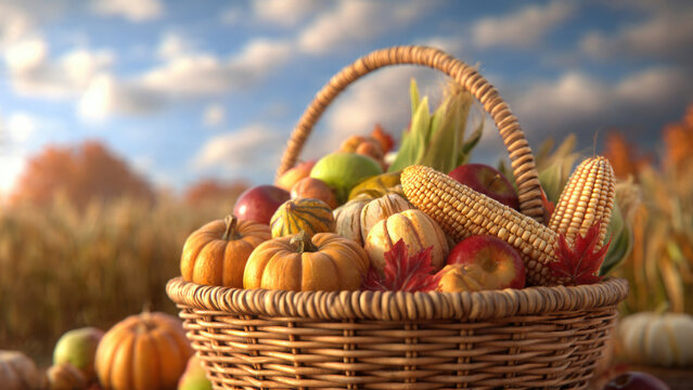Autumn harvest basket overflowing with pumpkins corn apples and gourds against a fall landscape
