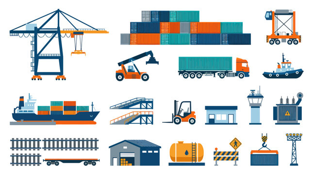 Logistics and Shipping Icons: Crane, Truck, Ship, Containers, Flat Vector Art