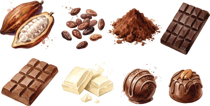 Vector Illustration Watercolor Chocolate Lover Clipart Bundle with Desserts, Candy and Cocoa Elements