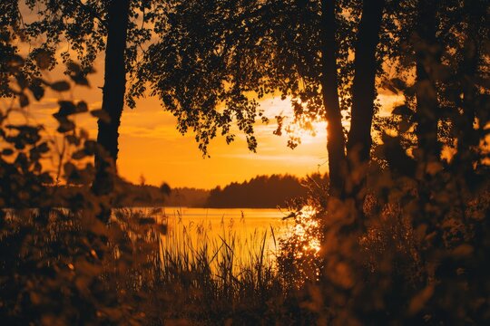 Golden hour sunset over calm lake, viewed through silhouetted trees and foliage. Warm, vibrant colors dominate the scene, creating a serene and peaceful atmosphere
