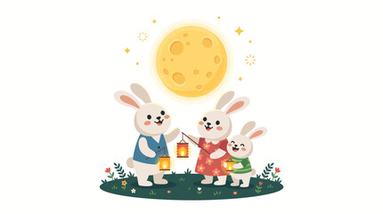 Fototapeta premium Cute Rabbit Family Celebrating Mid Autumn Festival with Glowing Lanterns Under Full Moon