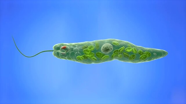 Detailed 3D model of a microscopic Euglena viridis unicellular organism with flagellum and chloroplasts, isolated on a bright solid blue background. Ideal for biology educational videos, scientific re