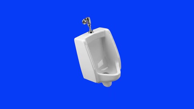 A detailed 3D rendering of a white ceramic public bathroom urinal with a chrome flush valve, isolated against a solid blue chroma key screen. Perfect for interior design mockups, plumbing tutorials, a