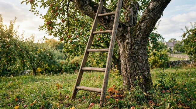 Wooden ladder leaning against an apple tree in a sunny orchard at harvest