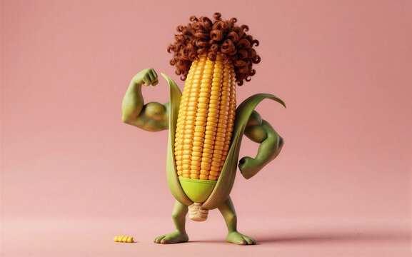 Muscular corn with curly hair flexes, one eardrop on floor against pink backdrop.