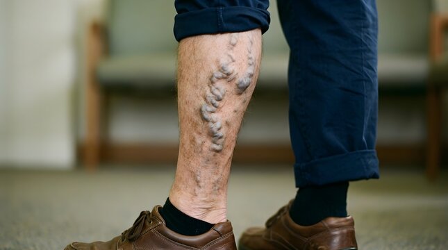 Visible varicose veins on a man's lower leg representing vascular health conditions and circulatory system issues