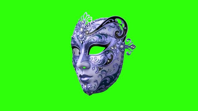 Detailed 3D model of an ornate purple and gold Venetian carnival masquerade mask, isolated on a bright green screen chroma key background. Perfect for carnival party promos, theatrical event video ove