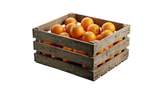 A rustic wooden crate overflowing with ripe orange fruits, isolated against a plain white studio backdrop. Ideal for farm-fresh market commercials, organic grocery advertising, fruit juice brand promo