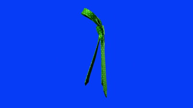 A sleek green silk necktie floating tied in a knot, set against a solid bright blue studio backdrop. Great for menswear fashion advertisements, corporate attire promotions, formal clothing brand marke
