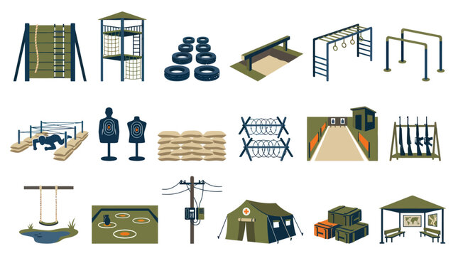 Military Army Training Obstacle Course and Camp Equipment Flat Vector Set. War Zone Objects Collection.