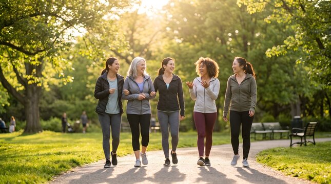 Diverse group of female friends walking together in a sunny green park for exercise