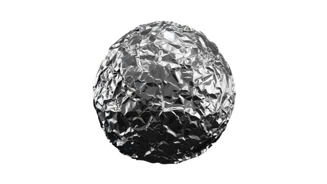 A detailed 3D render of a highly textured, metallic crumpled ball of aluminum foil rotating slowly against a clean white background. Perfect for abstract metallic textures, recycling themes, and corpo