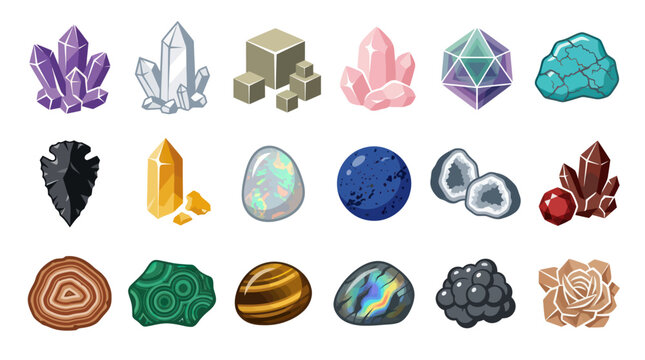 Gemstones Crystals Minerals Icons Set - Flat Vector Art
