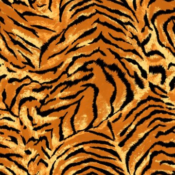 tiger skin textureEnglish: Seamless tiger stripe pattern with realistic fur texture. Luxury wild animal skin background for fashion textile, fabric print, and wallpaper design.